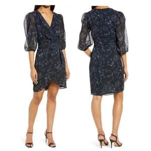 New Halogen Chiffon Faux Wrap Surplice Midi Dress in Bali Floral